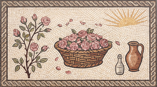 Mosaic illustration of a basket of hand-picked pink Damask roses at dawn, beside a rose bush and a jug of rose water.