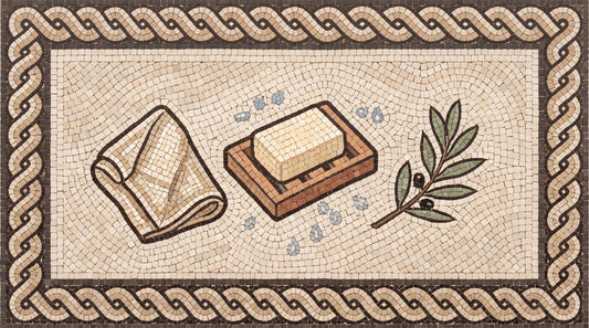 Mosaic illustration of a bar of soap on a slatted wooden soap dish beside a linen cloth and olive leaves.