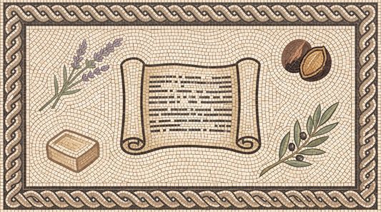 Mosaic illustration of an open scroll surrounded by lavender, an olive branch, shea and a bar of soap.