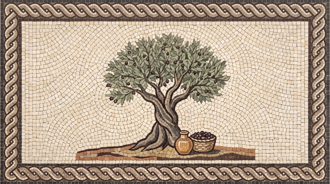 Mosaic illustration of an olive tree with a jar of olive oil and a basket of olives, inspired by the mosaics of Madaba, Jordan.