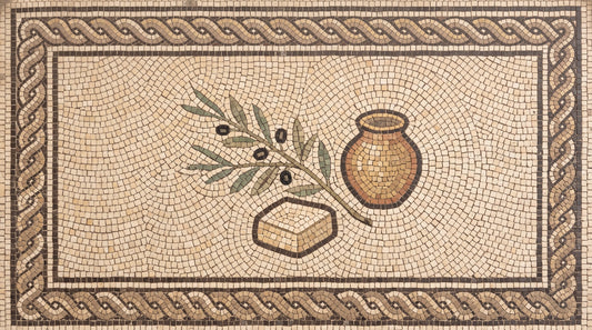 Mosaic illustration of an olive branch, a vessel of olive oil and a bar of palm-free soap.